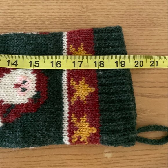 Vtg Handmade Knit Christmas Stocking Green and Red Santa and Stars 19.5 inch - Picture 5 of 6